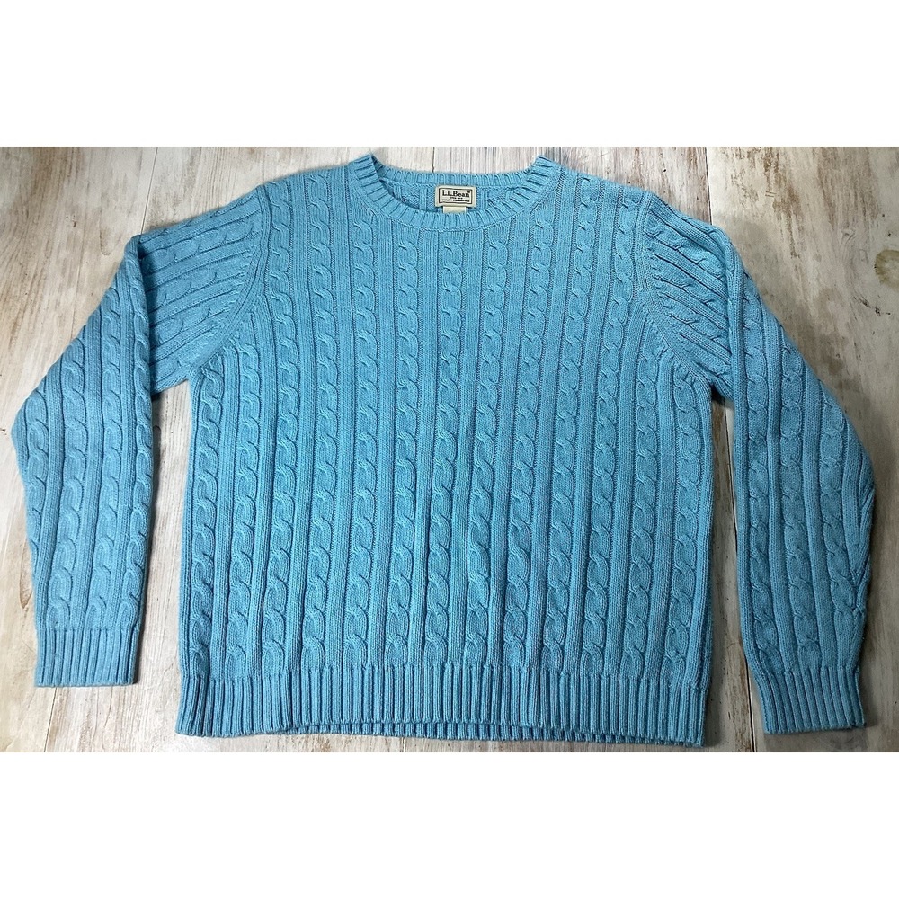 LL Bean Blue Cable Knit Sweater Women's Large Regular Chunky Fisherman Cotton
